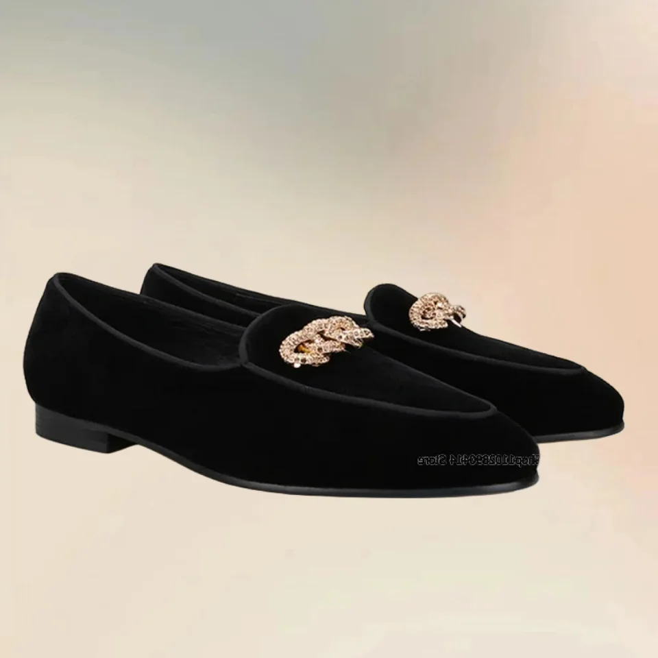 

Gold Circle Buckle Decor Black Flock Loafers Fashion Comfortable Slip On Men Shoes Novel Handcraft Party Wedding Men Dress Shoes