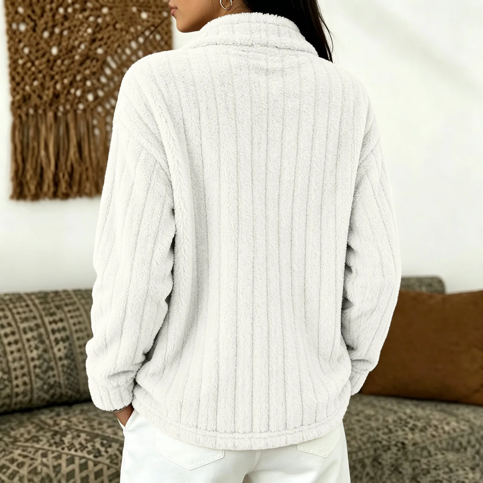 Women's Autumn Winter Turn Collar Ribbed Fleece-lined Warm Zip-up Long-sleeved Sweatshirt