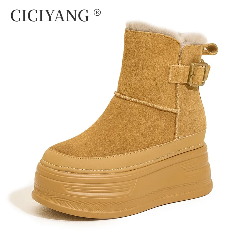 

CICIYANG 9cm Genuine Leather Snow Boots Women 2024 Winter New Cow Suede Inner Heightening Short Boots Ladies Keep Warm Boots