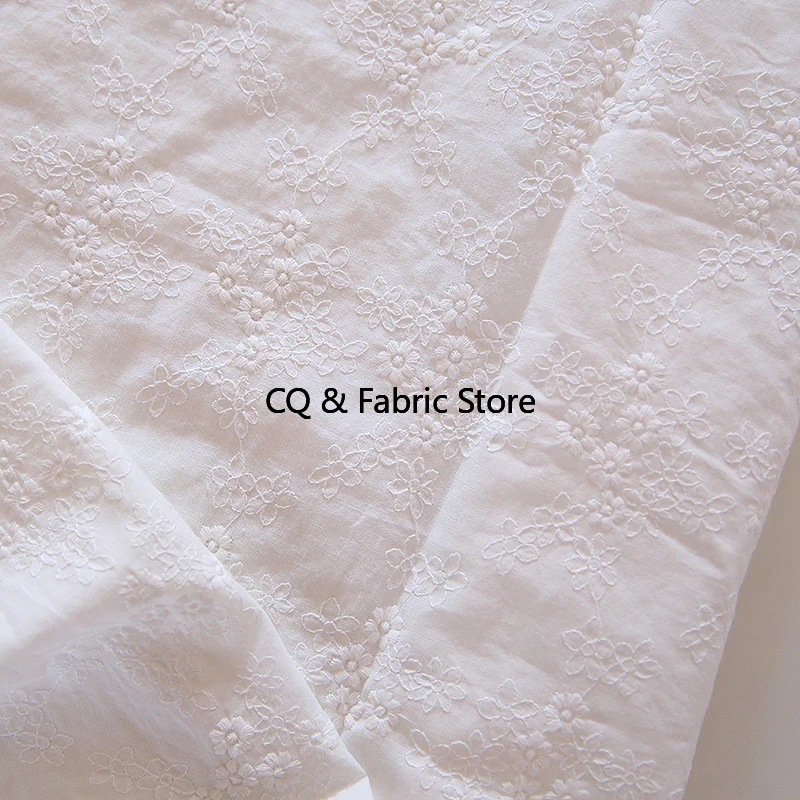 White Small Flower Embroidery Pure Cotton Cloth Handmade Clothing Fabric DIY Skirt Home Decorative Cloth