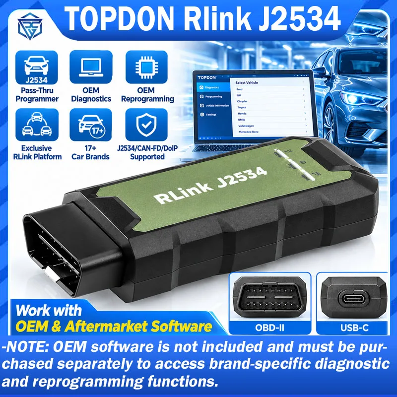 Topdon Rlink J2534 Pass-Thru VCI OEM Reprogramming Diagnostic Tool Supports J2534 D-PDU CAN-FD DoIP Compatible with 17+ Brands