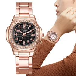 Relógio de quartzo digital de luxo para senhoras com diamantes cravejados Moda 2023 Nova pulseira de aço inoxidável em ouro rosa Relógio de pulso de pulso feminino