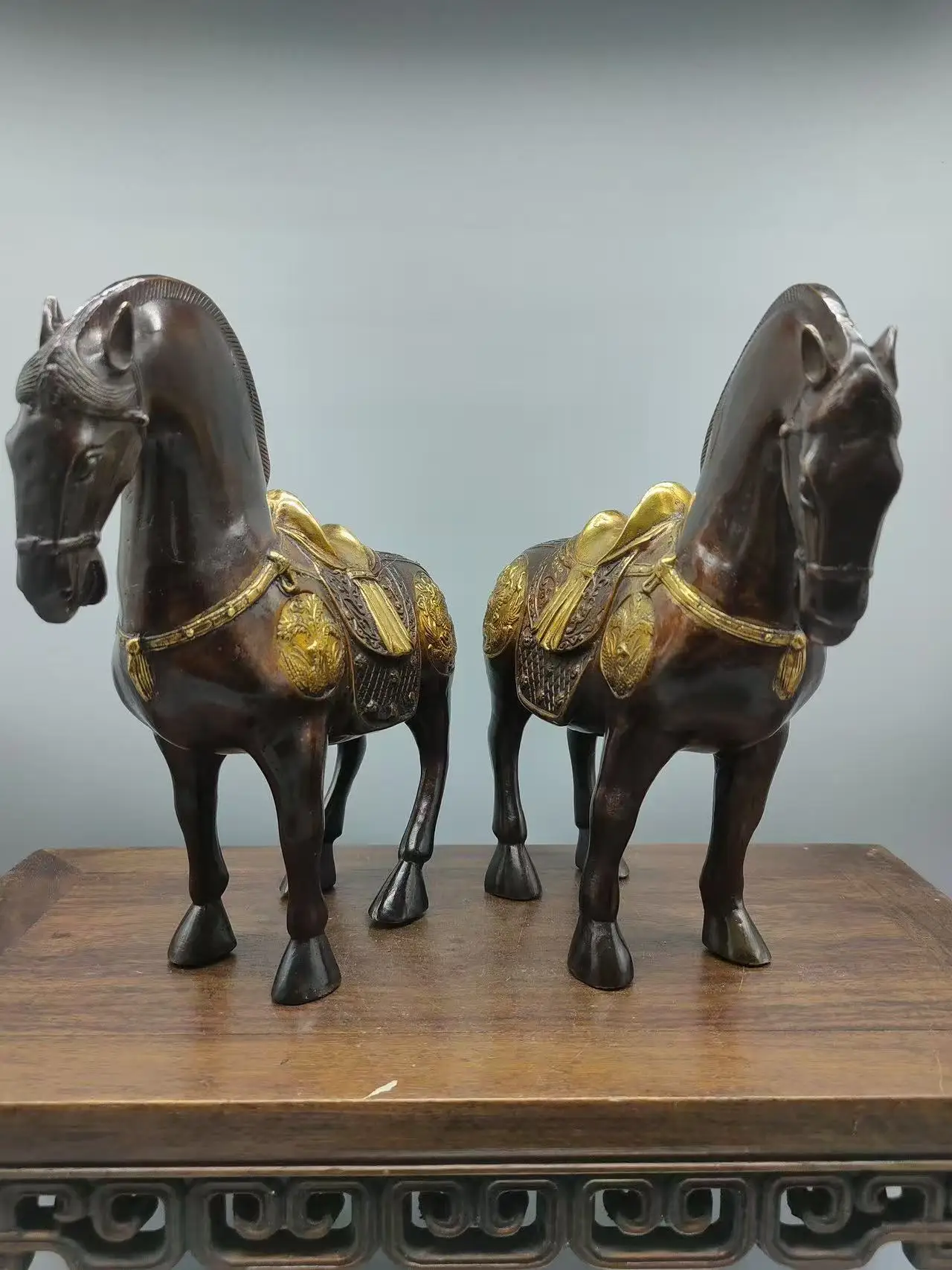 Rare Old Chinese QingDyansty(QianLong) brass horse Statue,A pair,#34, best collection adornment,free shipping