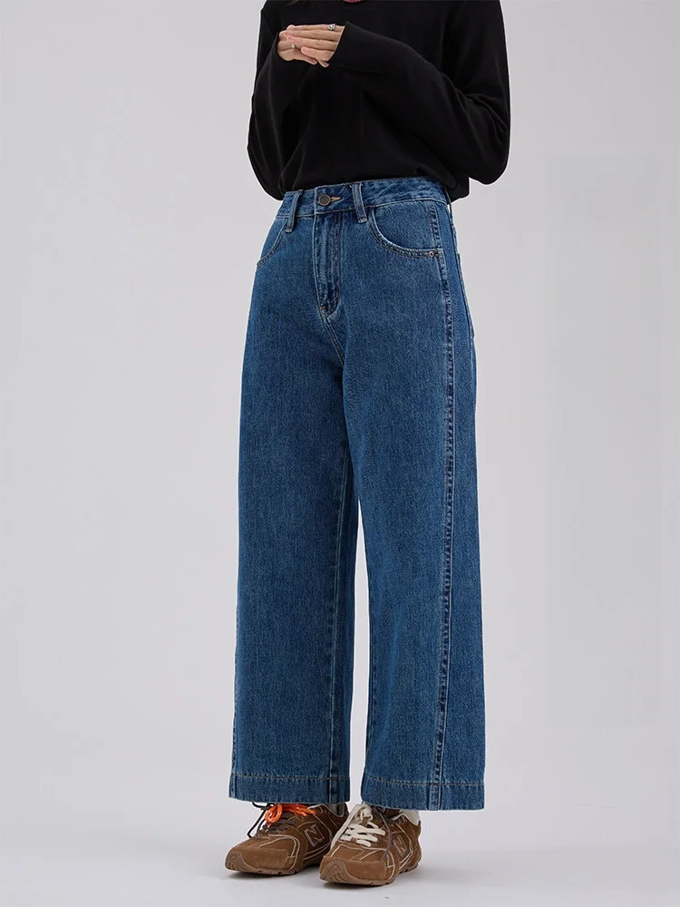 

Drawwind Women's Straight Leg Jeans Casual Loose Fit High Waist Zipper Closure Blue Cotton Trousers for Commuting