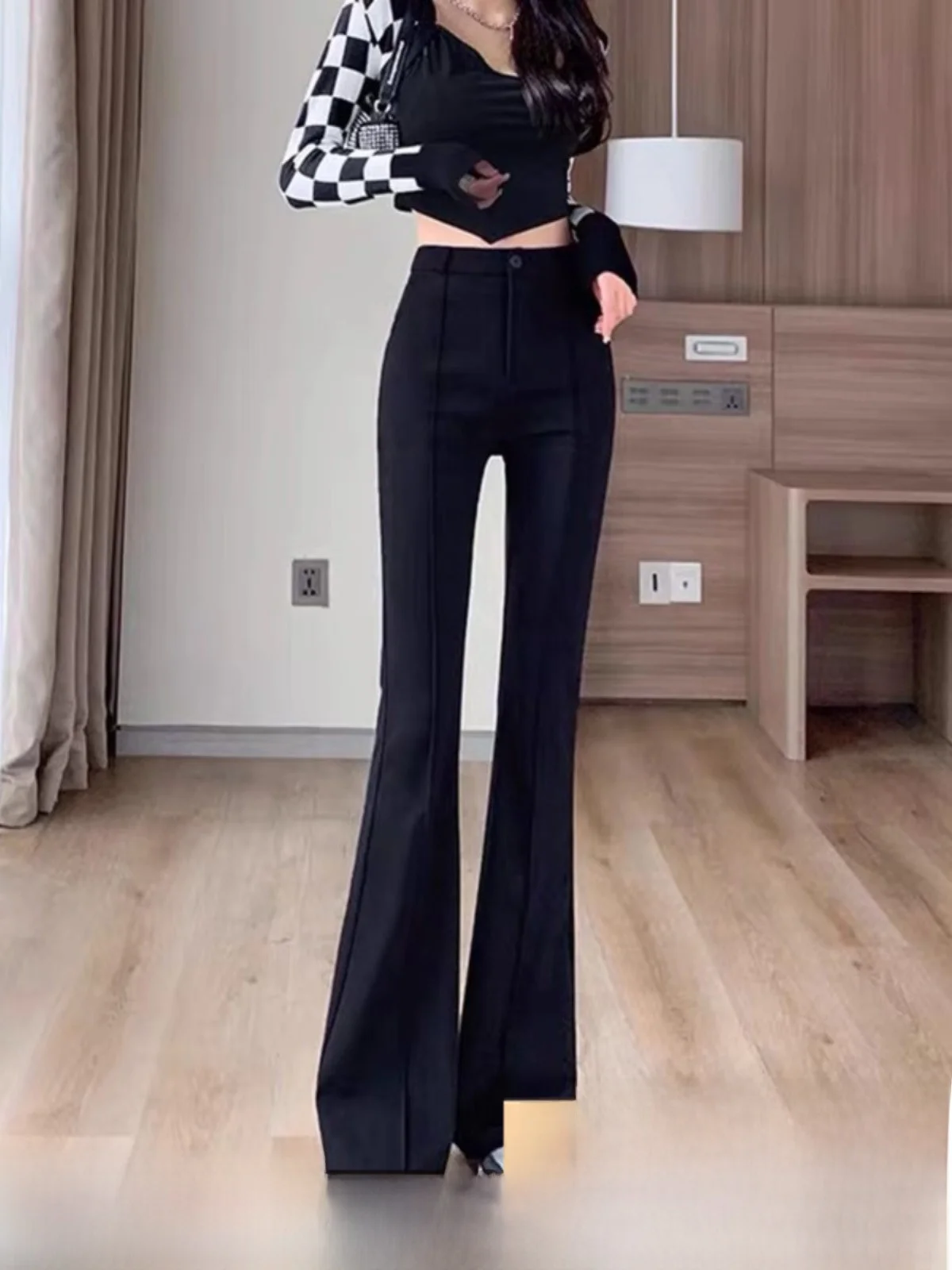 High Waist Flared Pants Women's Fashion Black Drapey Floor-Length Casual Trousers Spring Autumn Winter New Arrival