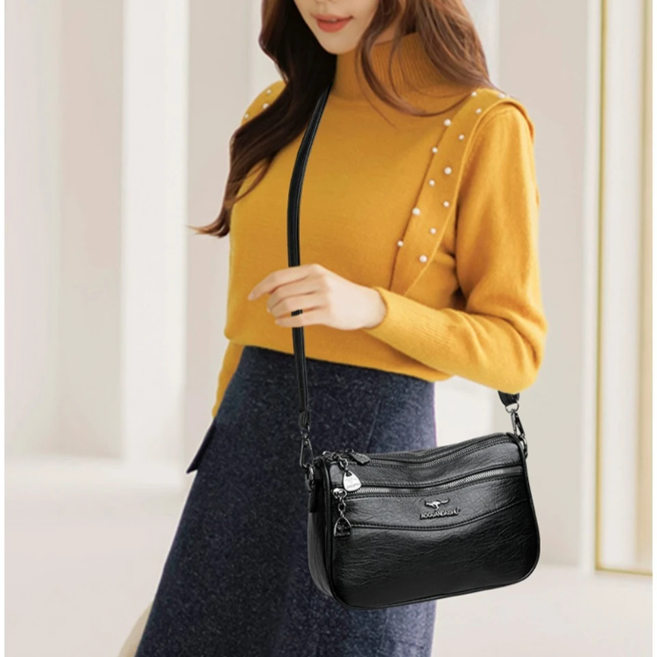 3-layer Pocket Design Large Capacity Women's Vintage Elegant HandBag Fashion Solid Color Multi-pockets PU Leather Shoulder Bag