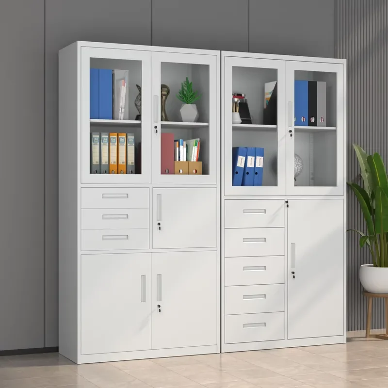 Modern Mobile File Cabinet - Knock Down Steel Office Furniture, 2 Glass/Metal Doors Lockable Storage with in Keys