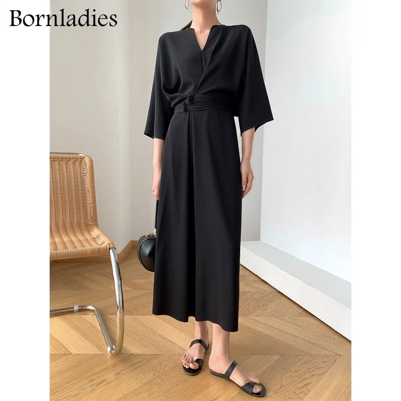 Bornladies Spring Autumn 2022 Women\'s Stylish Long Sleeve Sexy V-neck Slim Waist Dress Ladies Retro Long Party Vestidos