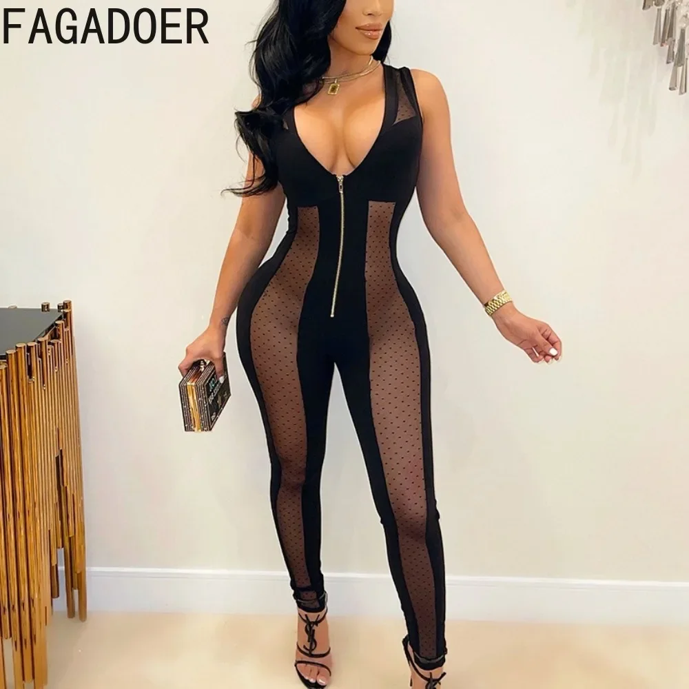 

FAGADOER Sexy Mesh Splicing Perspective Bodycon One Pieces Jumpsuits Women V Neck Zipper Sleeveless Slim Playsuit Female Overall