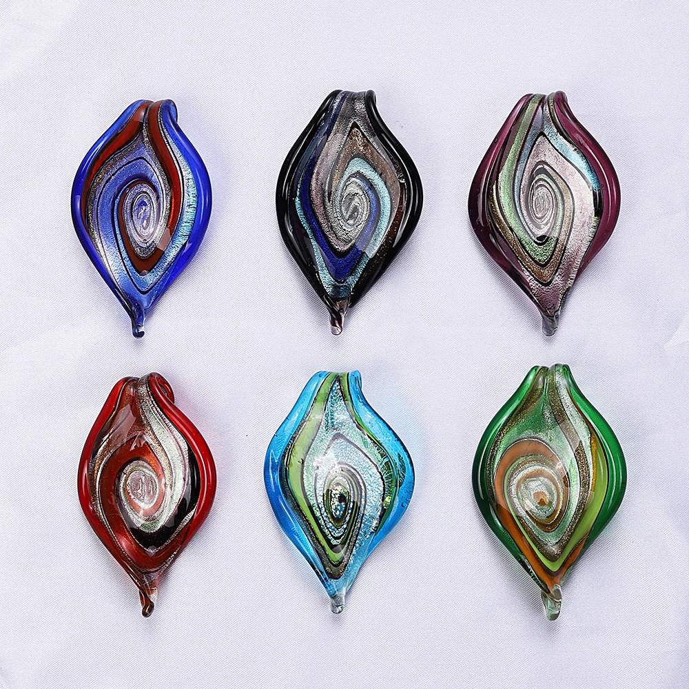 Qianbei Wholesale 6pcs Handmade Murano Lampwork Glass Mix Color Big Leaves Pendant Fit Necklace Jewelry Gifts