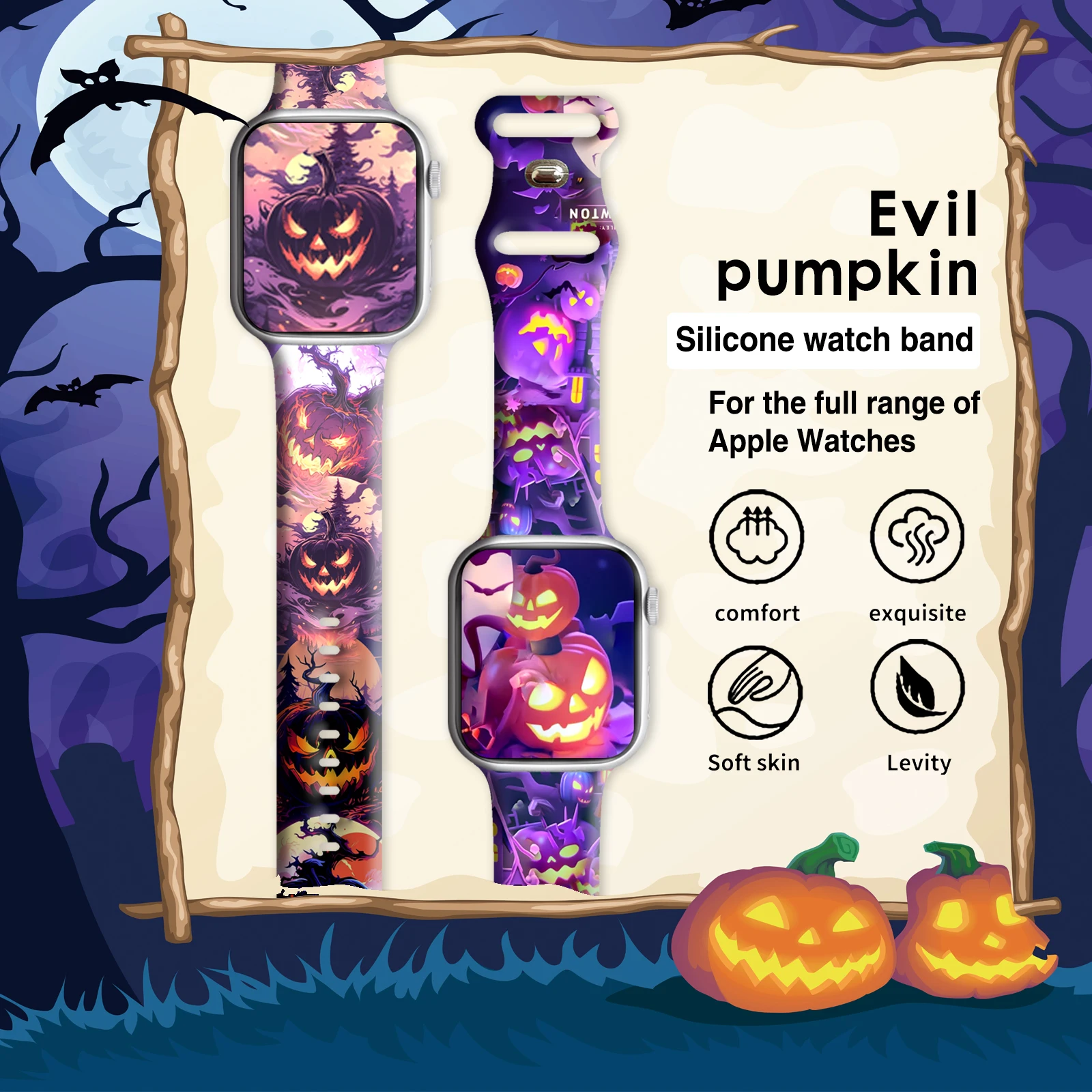 

Evil Pumpkin strap for Apple Watch 10 9 8 Silicone Band Replaceable Bracelet for iWatch 46mm 44mm 42mm 41mm Watchband