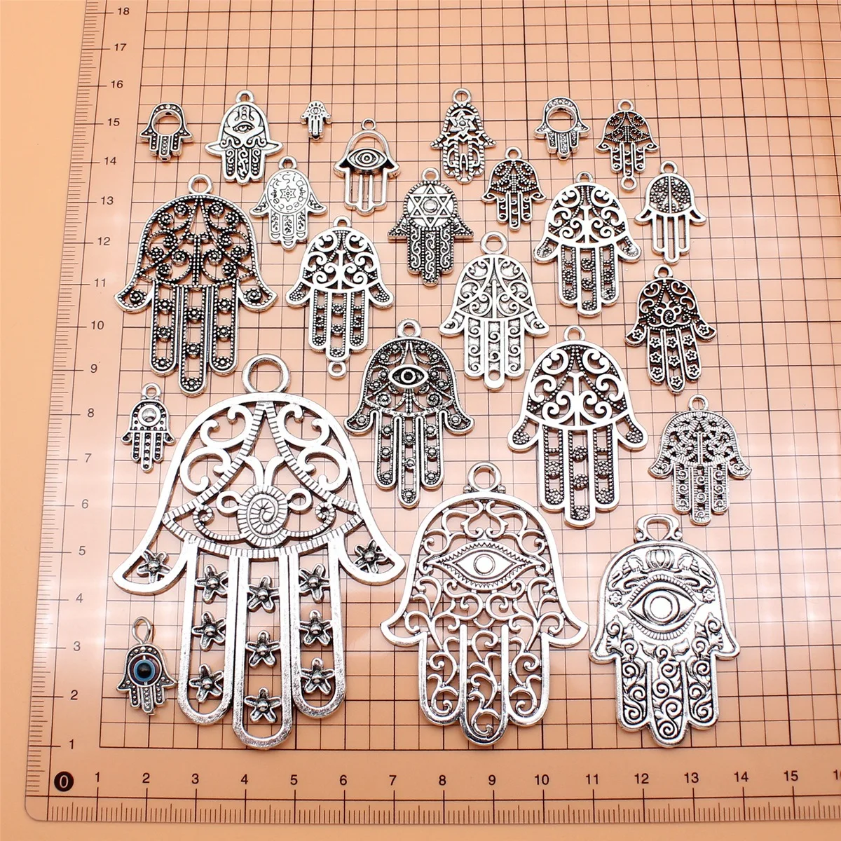 24pcs Antique Silver Color Hamsa Hand Charms Collection For DIY Jewelry Making, 24 Styles, 1 of Each