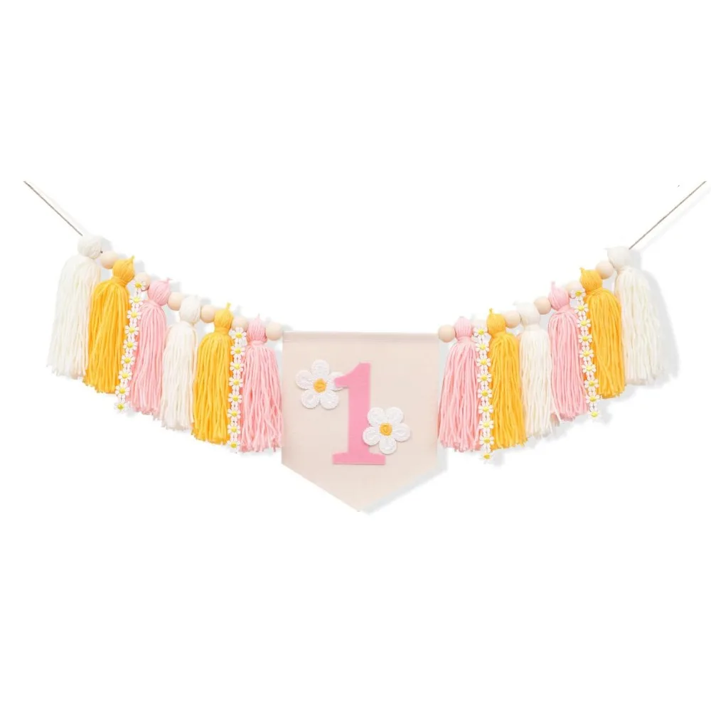 Cotton Colorful Tassel Highchair Banner 62 Inch Pink Baby High Chair Pull The Flag Colorful Tassel Banner Birthday Party