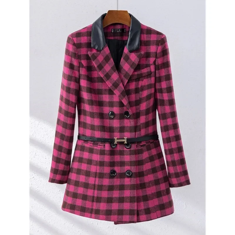 Women Autumn Winter Casual Blazer Ladies Female Pink Apricot Green Plaid Long Sleeve Triple Breasted Work Wear Jacket Coat