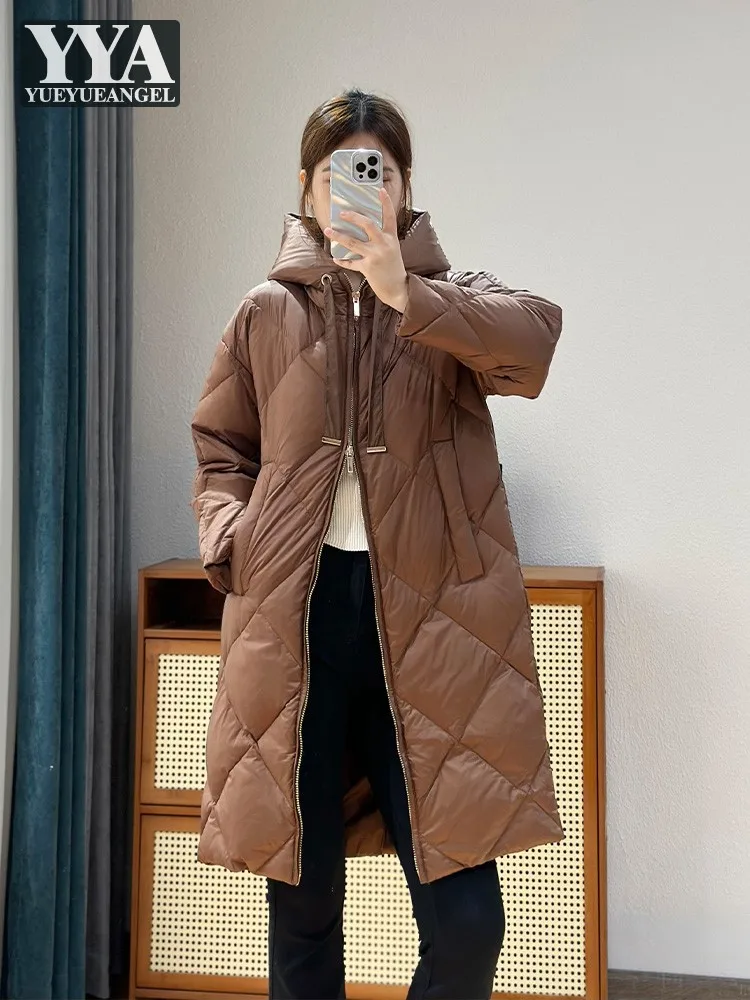 

Winter Women Long Hooded White Duck Down Jacket Zipper Vintage Rhombus Thick Warm Overcoat Outside Casual Straight Down Coat