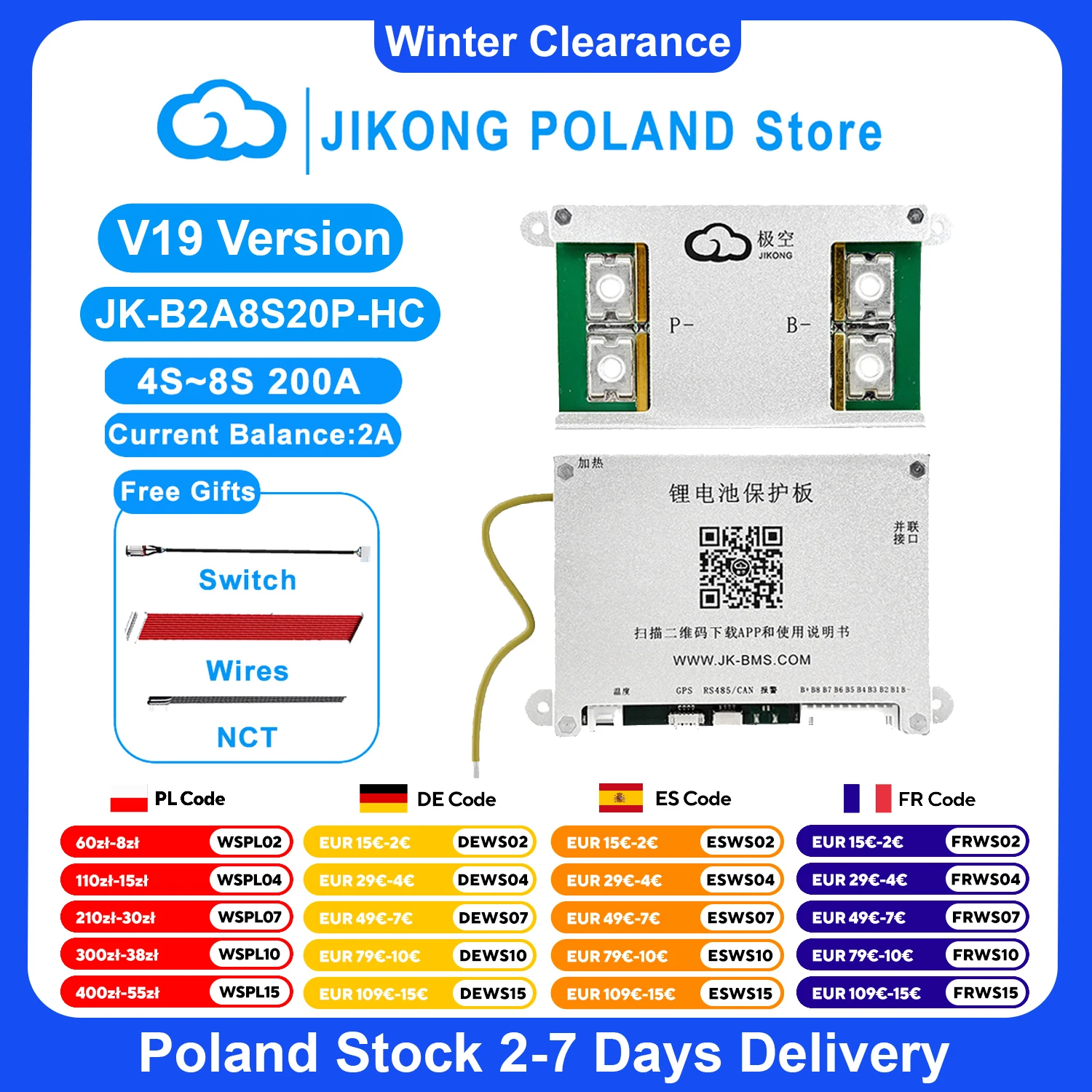 JIKONG V19 JK BMS B2A8S20P-HC 4S-8S BT RS485 HEAT CAN 2A Corrente 12V-36V 200A Bilanciamento attivo BMS per batteria agli ioni di litio Lifepo4 Lto