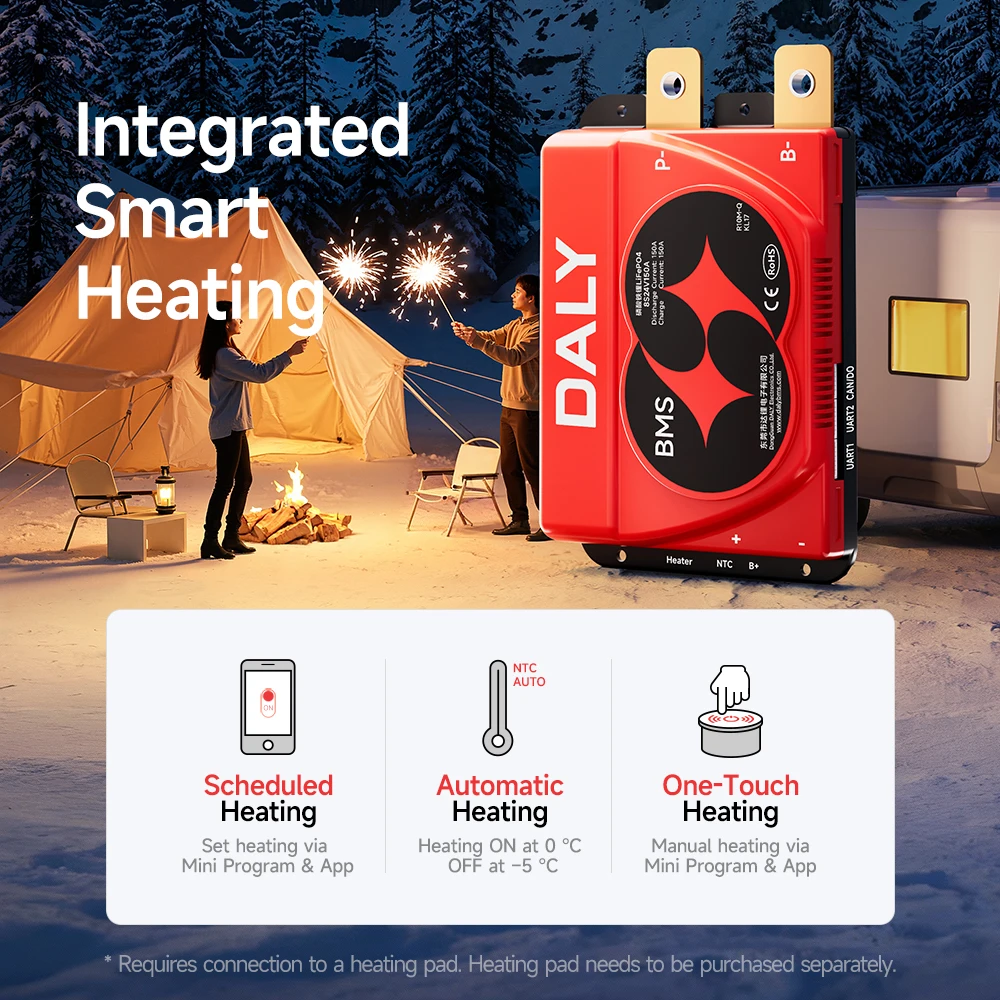 Daly Smart BMS RV Energy Storage BMS 4S 12V 8S 24V 150A LFP 3.2V Battery CANBUS Bluetooth BMS Heating Function Protective Board view 4