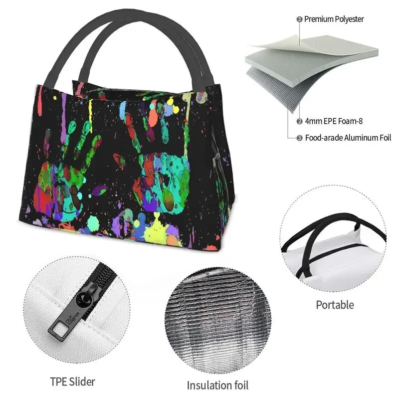 Crazy Multicolored Running Splashes Hands Thermal Insulated Lunch Bags Women Lunch Tote for Work Travel Storage Meal Food Box