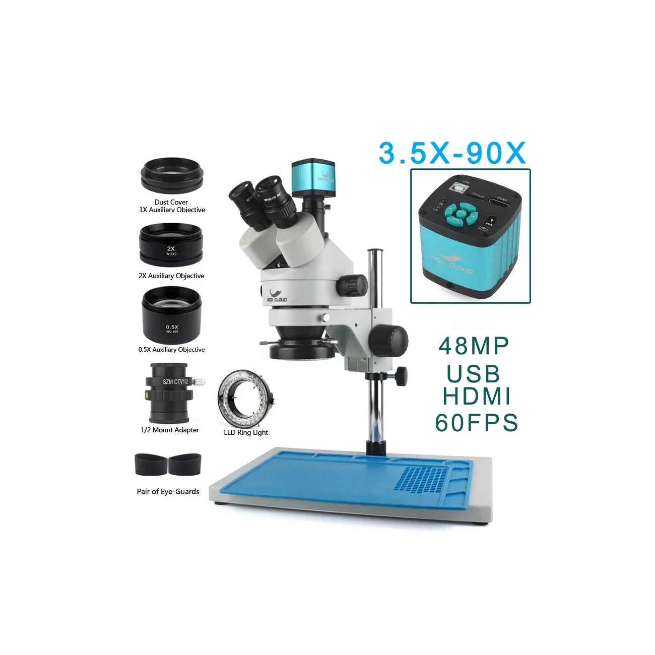 

3.5X-90X Digital Microscope Camera 48MP USB VGA 60FPS Trinocular Stereo Microscope Eyepiece Soldering PCB Mobile Repair 7X-45X