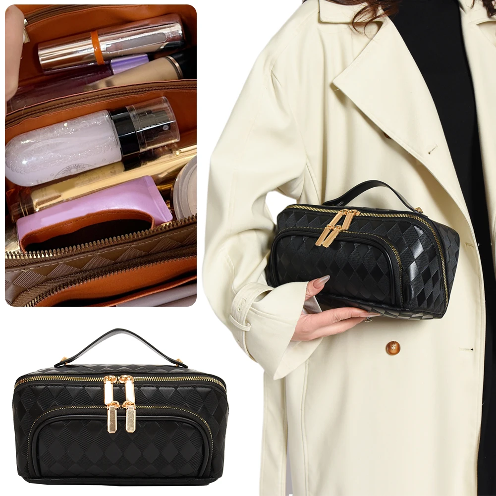 

Women Zipper Cosmetic Bag PU Leather Makeup Organizer Bag Diamond Lattice Makeup Storage Handbag for Home Business Trip