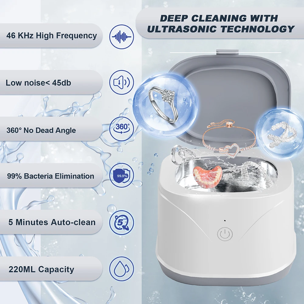 KUNPHY 초음파 보석 세척기 220ML 46KHz 초음파 세척기 5분 타이머 (반지, 은, 틀니, 치과 기기용)