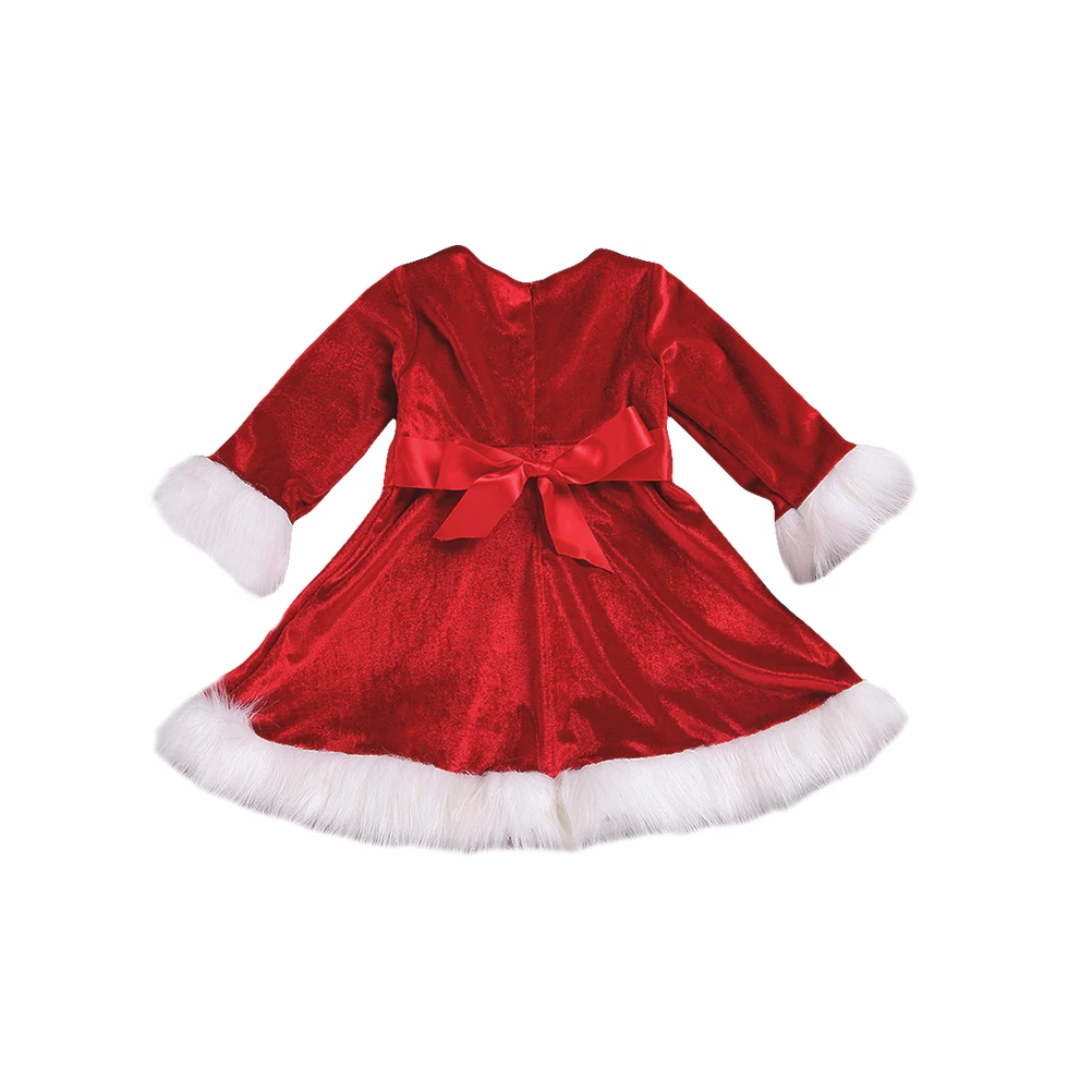 

Christmas Red Dress White Trim Belt Girls Toddler Princess Dress 120cm Kids Festival Clothes Long Sleeve Xmas Costumes