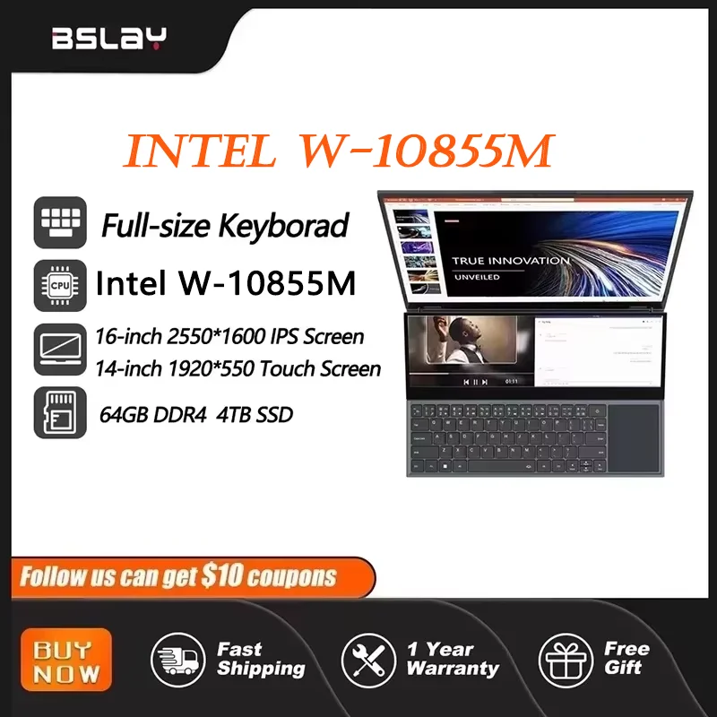 Dual Screen Laptop Intel Xeon W-10855M 16.1+14.1 Inch 5.1GHz 64GB DDR4 4TB SSD 8Cores 16 Threads HD Camera Portables Computer