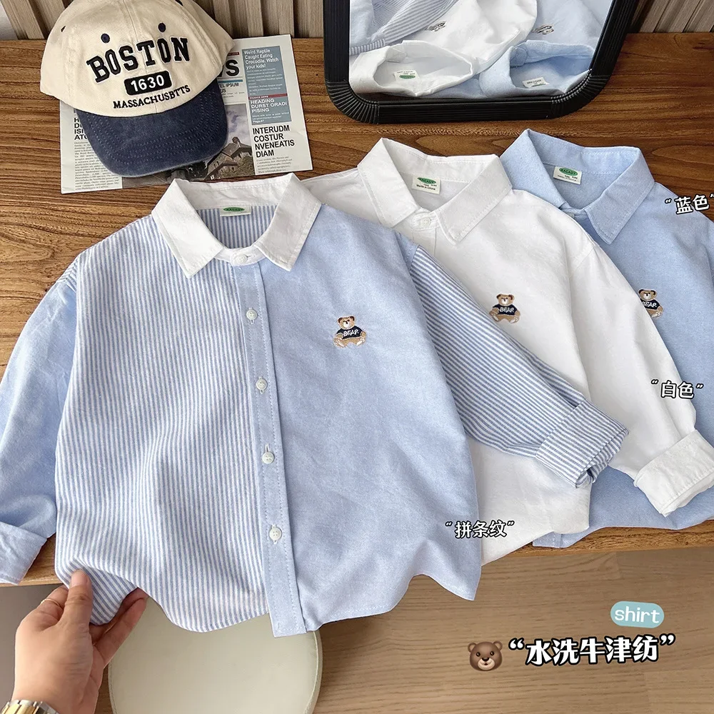 

2025 Autumn Boys Striped Blouse&Shirt Long Sleeve Embroidery Bear Casual Top for Kids 4-14 Years New Cool Cotton Blend 100-150