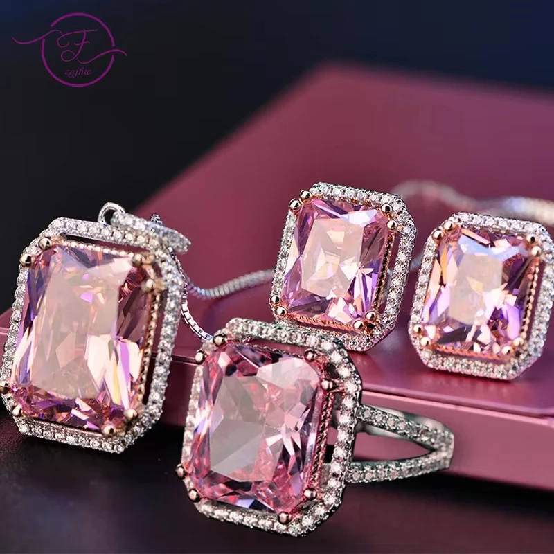 

Top Quality Silver Rings Jewelry Sets Pink Quartz Cubic Zircon Open Ring Earrings Necklace Wedding Exquisite Jewelry Wholesale