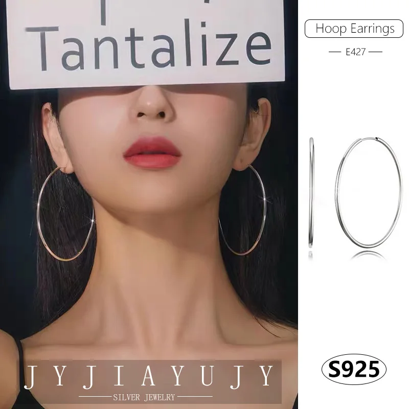 

JYJIAYUJY 100% Sterling Silver S925 Hoop Earrings Different Size 30/40/50/60/70MM Circle Shape 1.6/1.8MM Thickness Jewelry E427