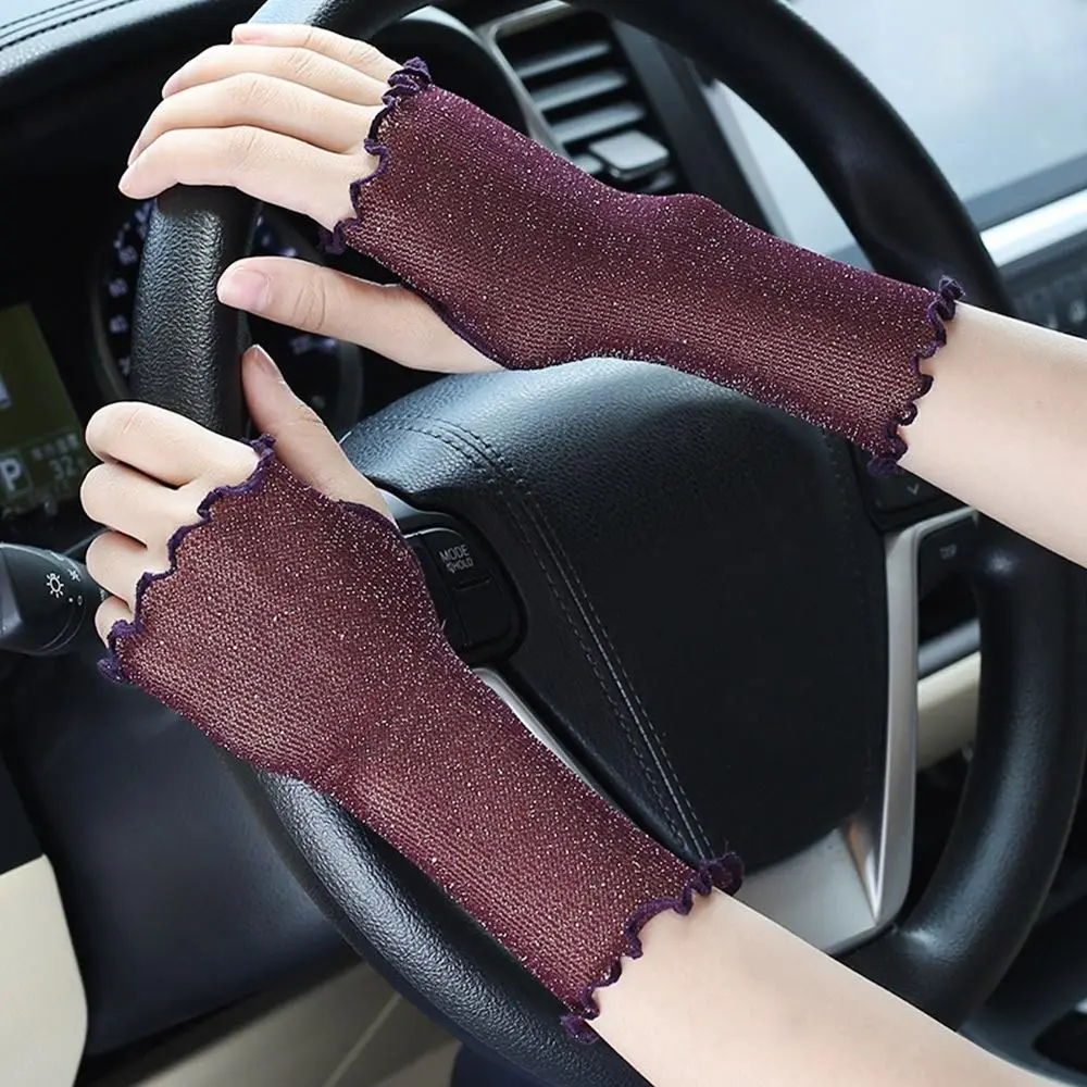 New Elastic Women Sunscreen Gloves Thin Anti-UV Shinny Mesh Gloves Ruffle Sun Protection Hand Cover Cycling Driving