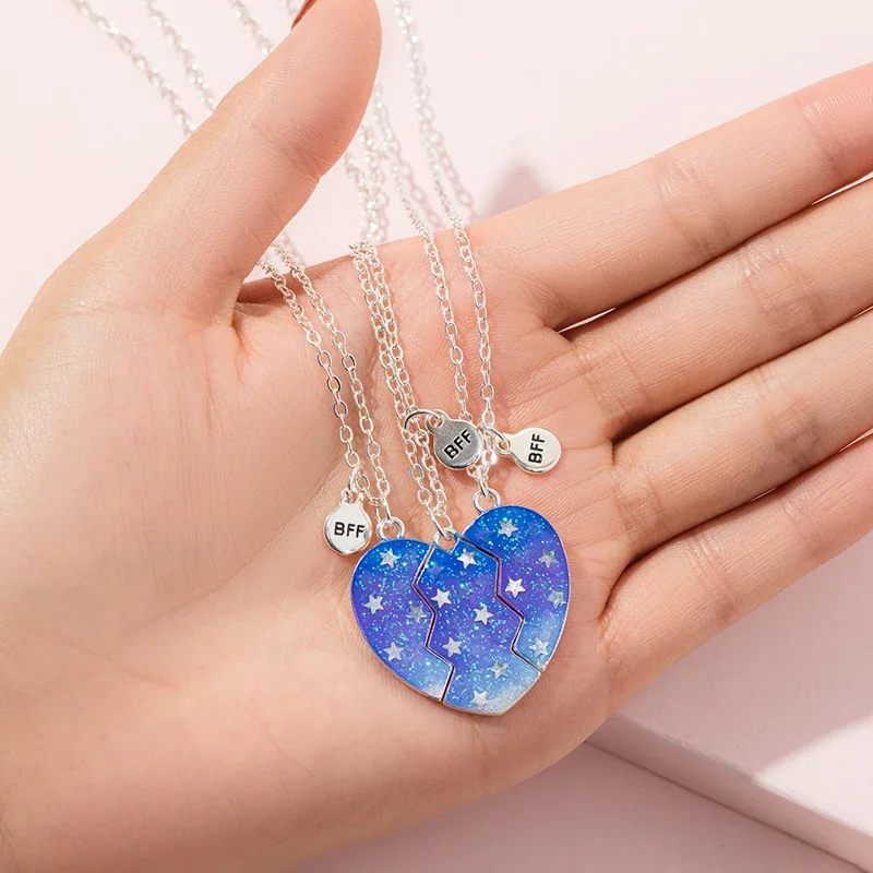 Lovecryst 3Pcs/set Luminous Forever Best Friends Friendship Heart Puzzle Pendant Necklace Matching Magnet Necklace for Girl Kids