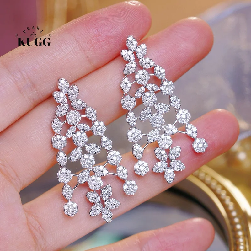 KUGG 100% 18K White Gold Earrings Luxury Romantic Style 1.9carat Real Natural Diamond Drop Earrings for Women High Party Jewelry