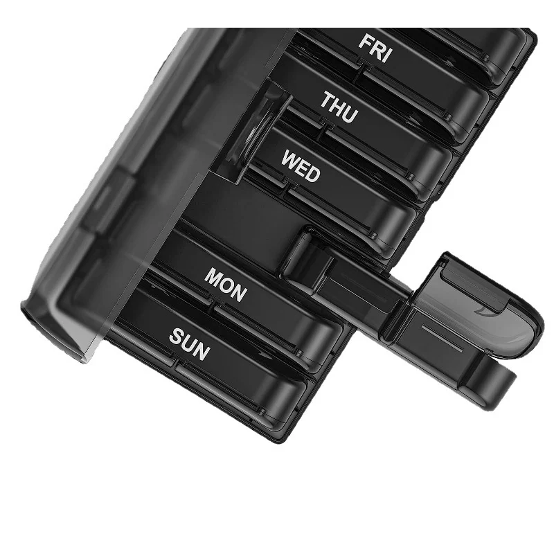 Wöchentlicher Pillenorganizer für 2-mal-tägliche Einnahme, 7-Tage-Pillenbox mit großen Öffnungen auf einer Seite, schwarzer Pillenbehälter mit Sichtschutz für AM/PM – Detail 3