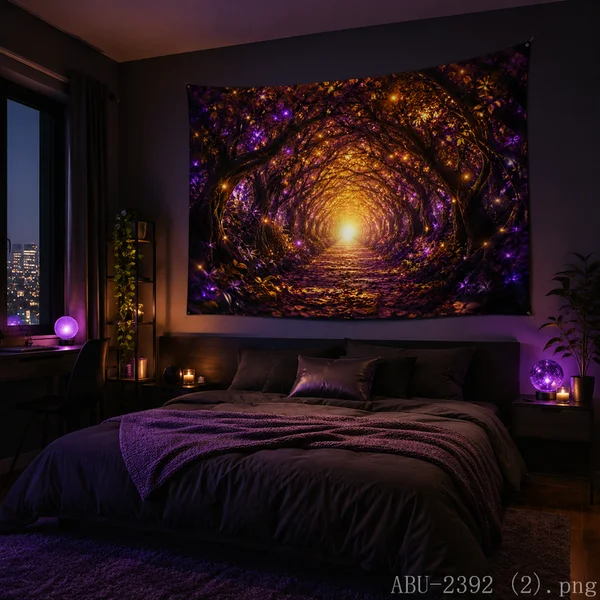 VIKAMA Magic Tree Tunnel Tapestry Glowing Purple Forest Path Wall Hanging Mystic Fantasy Aesthetic Bedroom Wall Decor