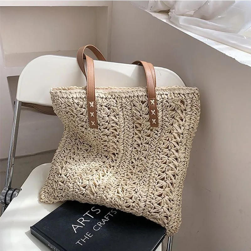 Women\'s Fashion Straw Cutout Beach Vacation Shoulder Bags Shopping Handbags Girls Casual Handwoven Handbags