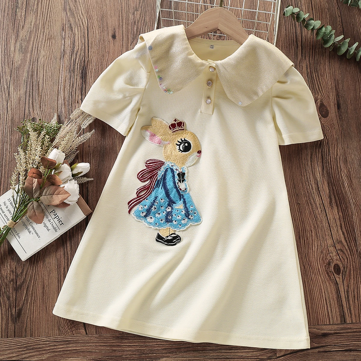 Kids Summer Dresses for Girls Princess Dress Beige Cotton Baby Party Outfits Short Sleeve Children Costumes 4 6 7 8 10 12 Years