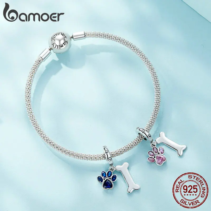 Bamoer 925 Sterling Silver Dog Paw & Bone Pendant Fit for DIY Making Bracelet or Bangle Blue Zirconium Paw Charms Fine Jewelry