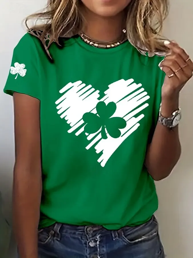 St.Patrick’s Day Cute Animal Women's T-shirt Green Lucky Clover 3D Print Crew Neck Outdoor Short Sleeve Women Clothing Tops