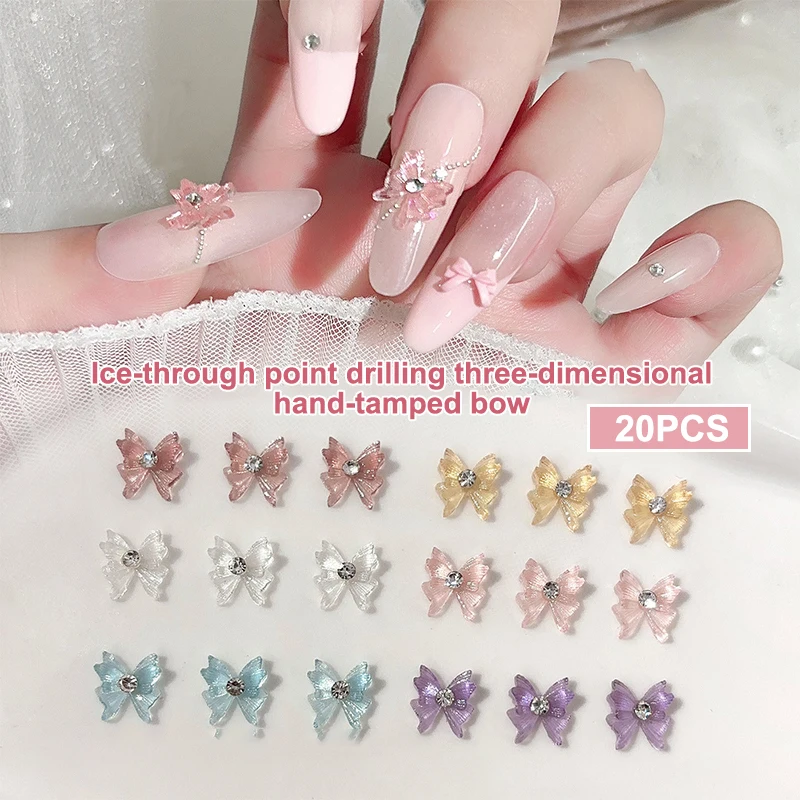 Breloques rondes en strass pour nœud d'ongles, 20 pièces, bijoux en cristal Transparent glacé, ruban en résine de diamant, gemmes pour accessoires d'ongles