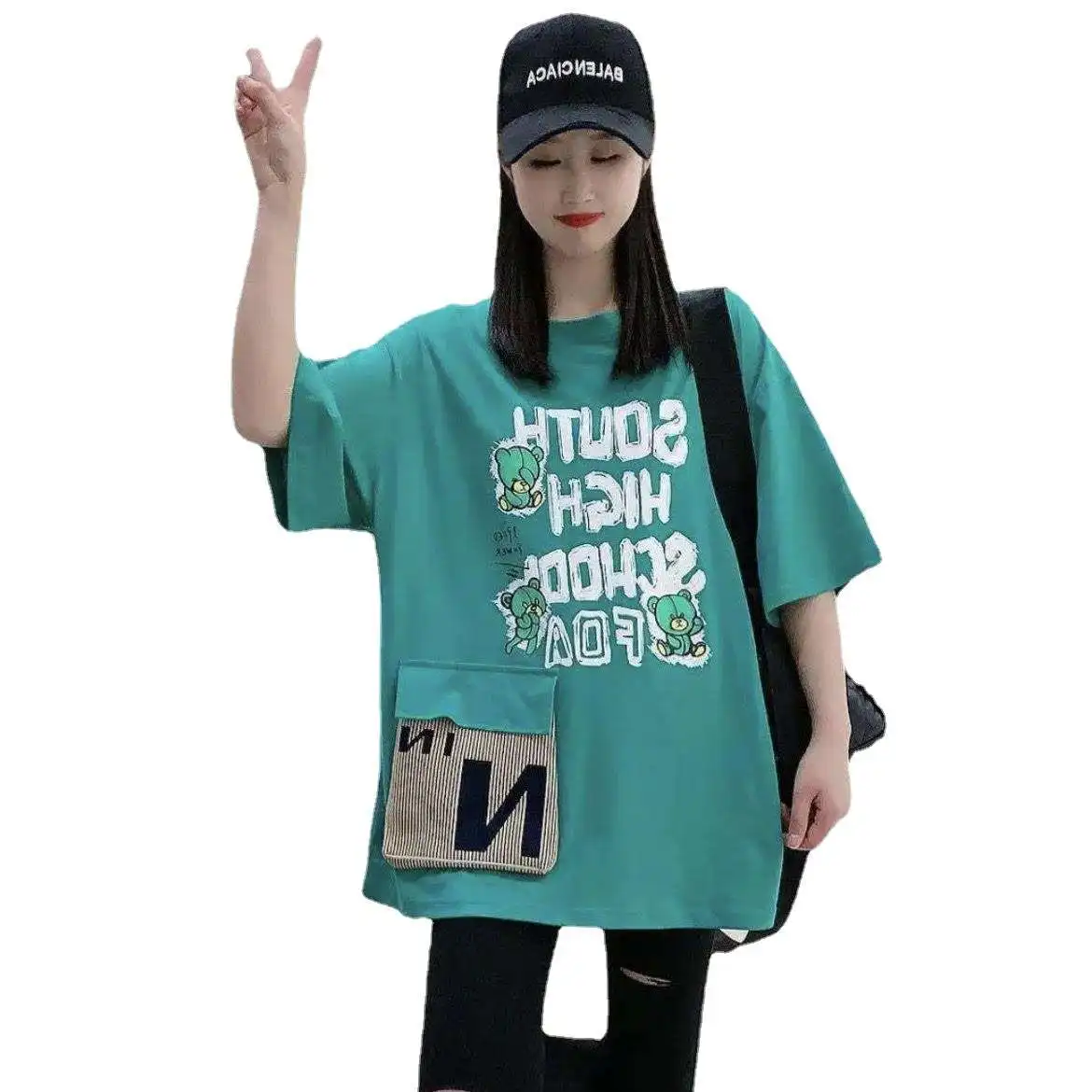 

Women's Quarter Sve Tirt Loose ort Sve Blous Street Sle round Ne ket Design Cotton 00% Spring Collection