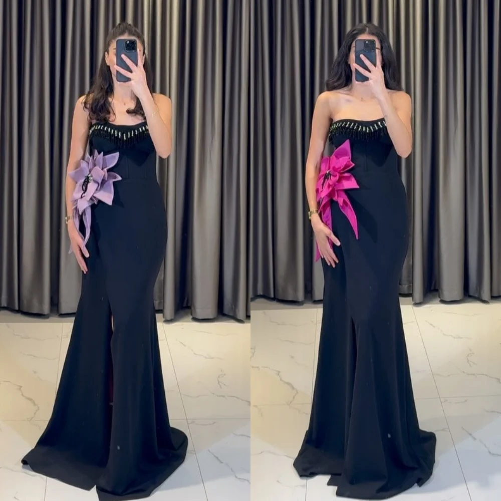 

High Quality Intricate Jersey Handmade Flower Beading Pleat Mermaid Strapless Long Dresses Cocktail Dresses Pastrol Casual