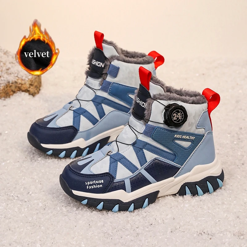 

Rotary Buckle Children's Winter Boots Outdoor Warm Velvet Snow Boots Boys Girls Comfy Plush High Top Sneakers Kids Hiking Shoes