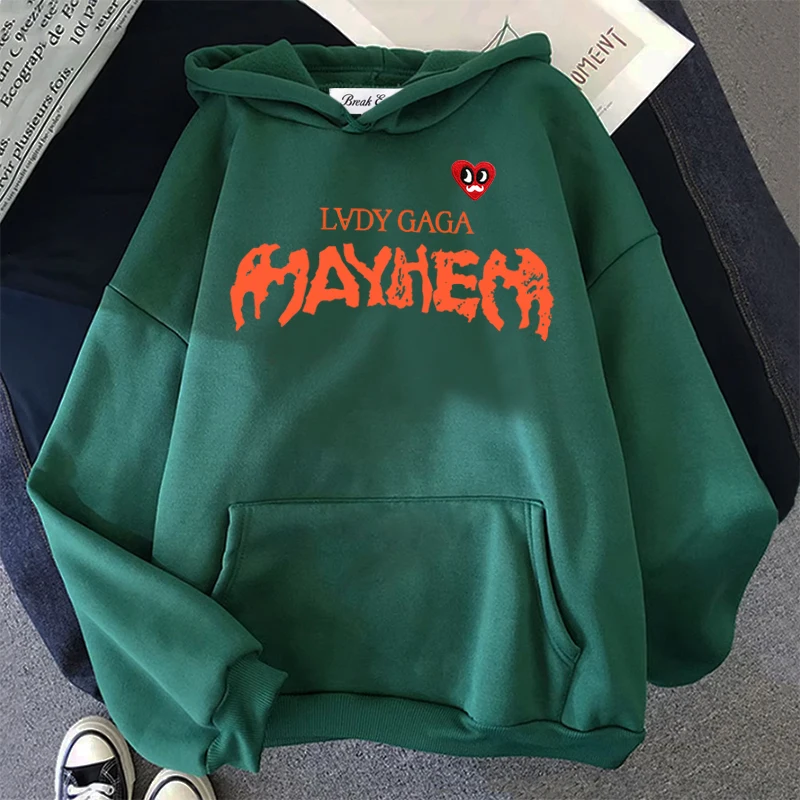 

Lady Gaga Mayhem Letter Printing Women Hoodie Polyester Red Eyes Beard Heart Embroidery Pullover Pockets Thin Loose Lady Hoody
