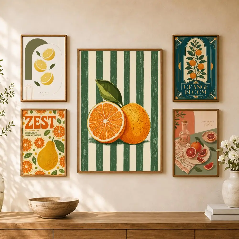 Retro Citrus Oranges Lemons Botanical Kitchen Illustration Poster Home Room Bar Cafe Club Decor Aesthetic Art Wall Painting