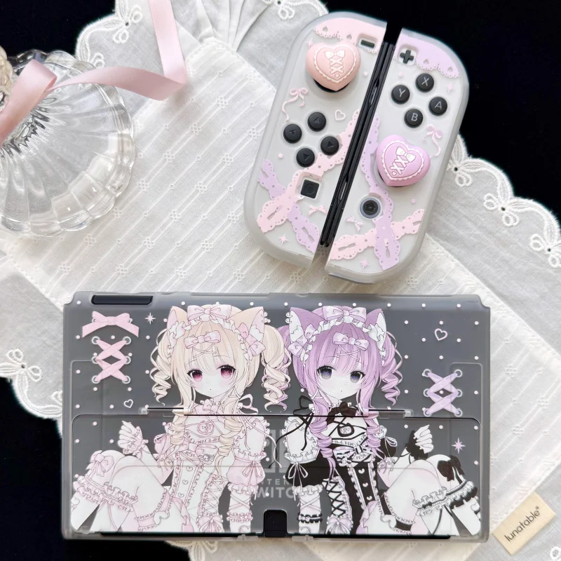 Switch 2 Oled Protective Case Pink Hard Shell Lolita Anime Girls Pattern Joy Con Cover For Adult Gaming Lovers
