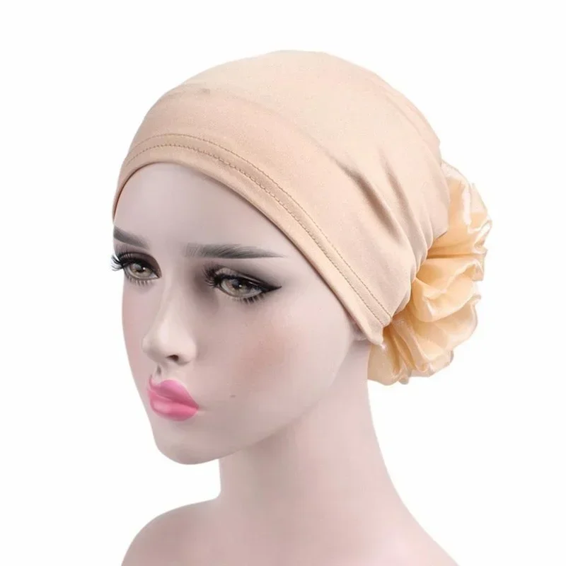 New Woman Big Flower Turban Hair Accessories Elastic Cloth Hair Bands Hat Chemo Beanie Ladies Muslim Solid Hair Loss Scarf Cap