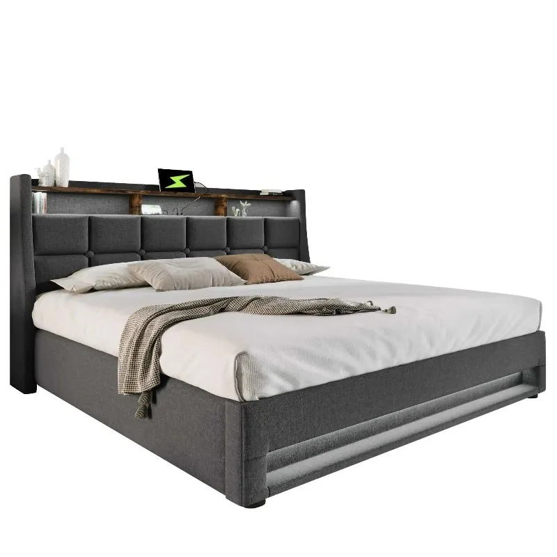 

Customizable Upholstered bed with USB, LED double bed with metal frame, bed frame made of linen material (mattress not included)