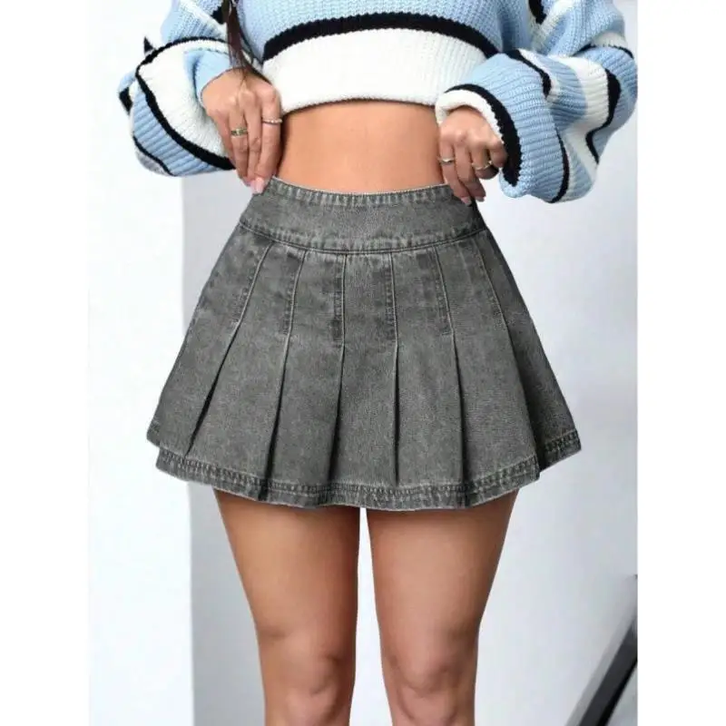 

Новая женская однотонная простая повседневная плиссированная джинсовая юбка средней талии H 77707, ткань из ПВХ Ciwalk Sle Batwing Ape