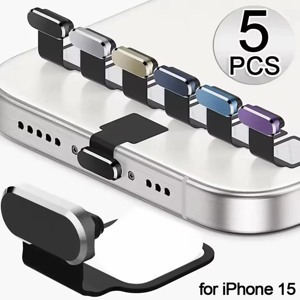 5/1 Stuks Metalen Stof Stekkers Type C Poort Opladen Cover Voor Iphone 16/15 ProMax/15 Plus Universele Usb-C Stopper Protector Cap Stekkers - afbeelding 2